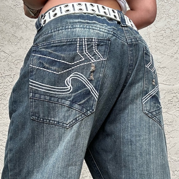 Y2k Distressed Dark Wash Fusai Baggy Jeans - Picture 1 of 10